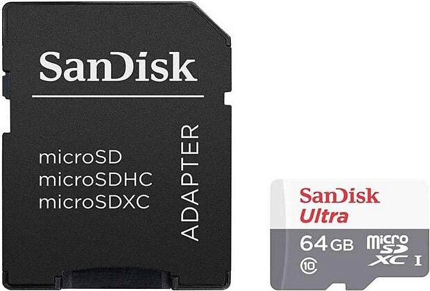 Карта памяти microSD 64GB SanDisk microSDXC Class 10 Ultra (SD адаптер) UHS-I 100MB/s (SDSQUNR-064G-GN3MA) RU - 2